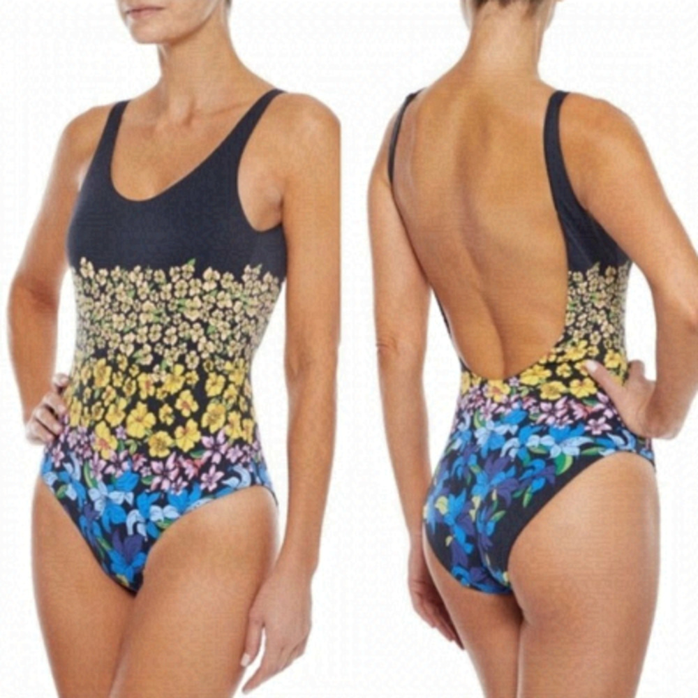 NEW Onia Rachel Floral Yellow Blue Pink Flower Black Stretchy One Piece Swimsuit